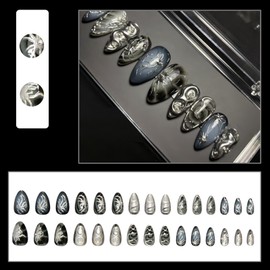 30Pcs Black Press on Nails Medium Almond, 3D Silver Metal Design False Nails, Handmade French Tip Fake Nails in 12 Sizes, Natural & Removable Artificial Stick on Nail for Women and Girls DIY Nail Art