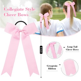 DEEKA 16 PCS Collegiate Style Cheer Bows Long Tail Skinny Ponytail Holder Handmade for Girls Teens Softball Cheerleader Sports -Light Pink