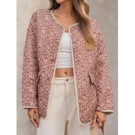 Tankaneo Womens Floral Lightweight Quilted Jacket Oversized Puffer Shacket Collarless Button Down Outerwear