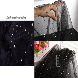 8Yards 59" Wide Glitter Tulle Fabric Rolls Star Moon Sequin Tulle Fabric for Photography Props Background Tutu Women Dress Table Skirts DIY Sewing Crafts Wedding Party Backdrop Stage Decoration-Black