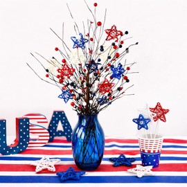 SETRUE 24 Pcs 4th of July Star Rattan Decoration, Red White Blue Rattan Stars for Independence Day Home Decor DIY Craft Vase Bowl Filler Table Decoration