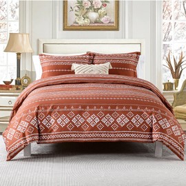 CozyDH Boho Duvet Cover King Size - 100% Cotton 400 Thread Count King Duvet Cover Set, Bohemian Geometric Pattern Soft Lightweight Burnt Orange Bedding Set 3pcs (King, 104x90, No Comforter)