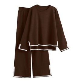 Aokivvy Womens 2 Piece Outfits Long Sleeve Knit Sweater Sets Knit Pullover Tops Wide Leg Pants Lounge Sets Tracksuits(Brown,M)