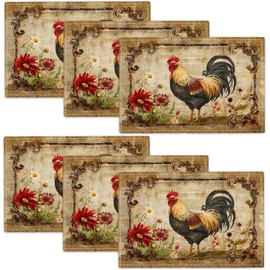 Farmhouse Rooster Placemats Set of 6 Farm Chicken Table Mats Country Flowers Place Mats Imitation Linen Heat Resistant Placemats for Vintage Dining Decoration Kitchen Party Restaurants 12''x18''