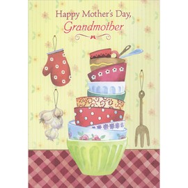 Designer Greetings Stack of Colorful Bowls on Red Plaid Tablecloth Mother's Day Card for Grandmother