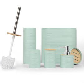 Bathroom Accessories Bath Set of 6, Toothbrush Holder, Soap Dispenser, Trash Can, Soap Dish, Toothbrush Cup and Toilet Brush Holder, Green
