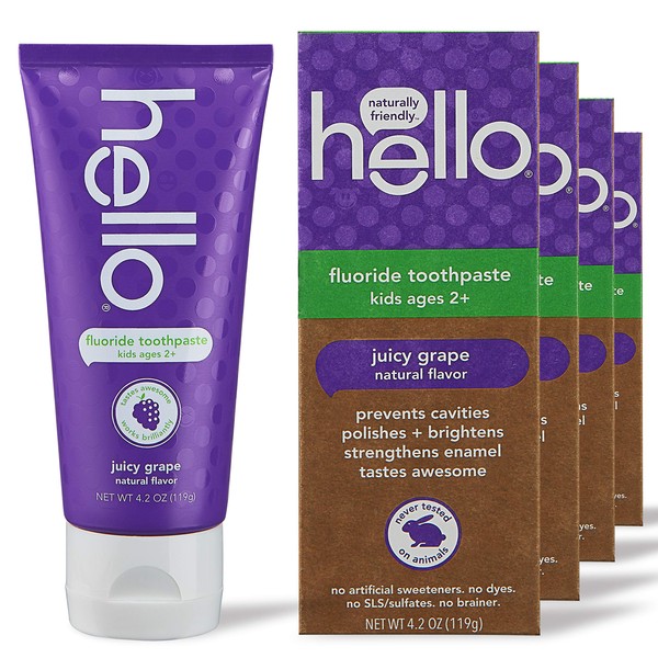 hello Kids Juicy Anticavity Toothpaste with Fluoride and Natural Flavor Vegan SLS Gluten Free 4.2 oz pack, Grape, 4 Count