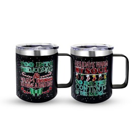 ROCKY LEAF Christmas Mugs Set of 2-12 Oz Double Wall Stainless Steel Insulated Holiday Coffee Mugs with Handle and Stronghold Lid- Ideal Gift for Coffee Lovers, Family and Friends
