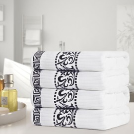 Superior Athens Cotton Bath Towel Set, Greek Key Floral Decor for Bathroom, Guest Bath, Spa, Resort, Home Essentials, Absorbent, Fluffy Medium Weight Towels, Includes; 4 Bath Towels, Black