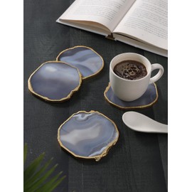 Mr. Stone Creations Grey Agate Coasters – Set of 4 Natural Crystal Drink Coasters with Gold Edge (3.5–4 Inch) – Geode Slices for Coffee Table, Cup Mat & Home Decor – No Added Dyes