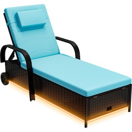 YITAHOME Outdoor Chaise Lounge Chair with LED Lights, Patio Wicker Lounge Chairs with 5-Level Backrest, Storage and Wheels for Pools, Deck, Balcony, Garden, Black & Blue