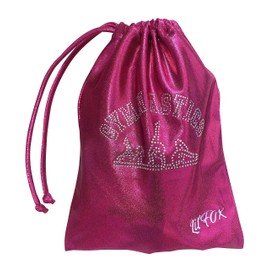 LIL'FOX 8" x 10" Drawstring Girls Grip Bag for Gymnastics 26cm x 20cm - Storage Bag Gym Pouch Lightweight Drawstring Bags for Personal Equipment - Shiny Foil with Rhinestones