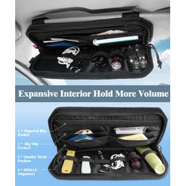 DEEPLITE Car Sun Visor Organizer with Double Zipper Multi-Pockets & Glasses Clip, Semi-Rigid Molle Panel with Patch for Driving Essentials - Heavy Duty Straps Fits Most Vehicles,SUV,Trucks - 2 Pack