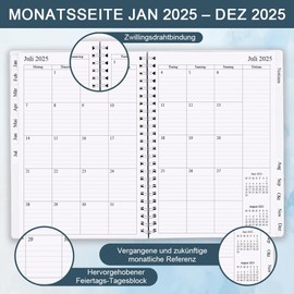Calendar 2025, A5 Weekly Planner 2025 with Monthly Tabs, Jan 2025-Dec 2025, Diary 2025 Elastic Closure, Double Wire Binding, Easy Organisation of Daily Life, 14.8 x 21 cm, Planner 2025