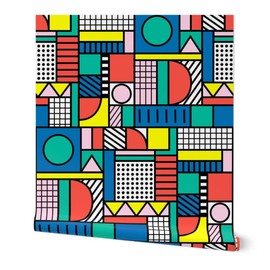 Peel & Stick Wallpaper 3ft x 2ft - Memphis Color Block Colors Bold Lines Black White Stripes Style Geometric Shapes Retro Squares Custom Removable Wallpaper by Spoonflower