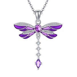 YAFEINI Dragonfly Necklace 925 Sterling Silver Blue/Pink/Yellow/Purple/Green Zircon Dragonfly Pendant Necklace Vintage Bohemian animal Jewelry Gifts for Women Dragonfly Lovers (Purple)