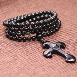 coai 108 Beads Black Obsidian Necklace Cross Necklace for Men Women