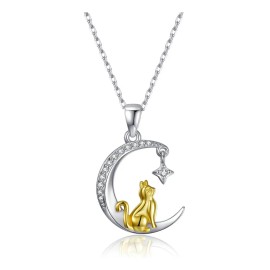 Collar Con Dije De Plata 925 Gato Luna Para Mujer Plateado