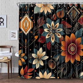 BSRAMZ Boho Floral Shower Curtain, Black Abstract Bohemian Flowers Botanical Leaf Bathroom Curtain, Vintage Mid Century Modern Waterproof Fabric Bathroom Bath Curtain with Hooks 70X84 inches