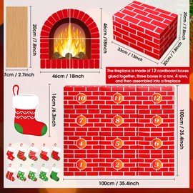 Fullhawl 47 Pcs 3D Christmas Cardboard Fireplace 39 X35 Inch DIY Christmas Artificial Fireplace with Stocking Fire Flame Wood Grain Cutout Garland Fire Place Backdrop for Xmas Decoration(Red Brick)