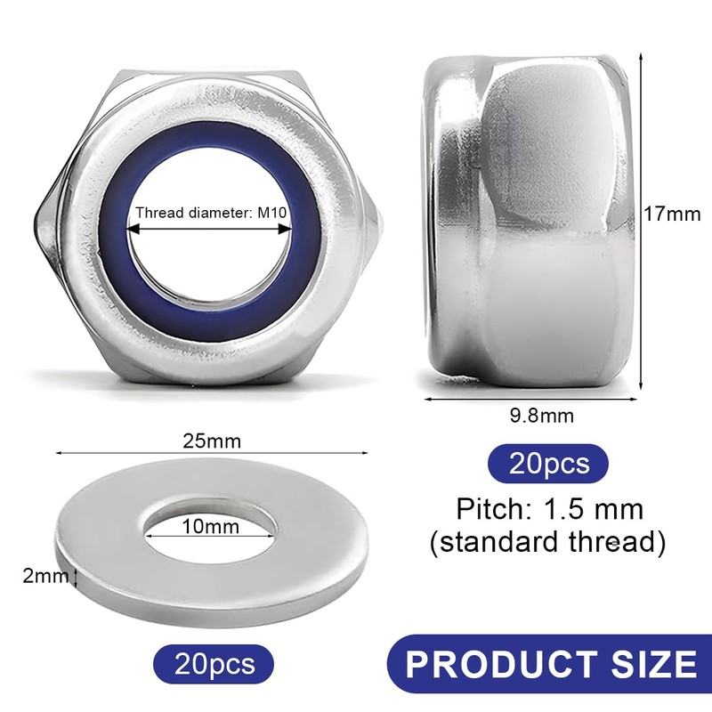 M10 Nuts, 40 Pieces Standard A2 V2A Self Locking Nuts,