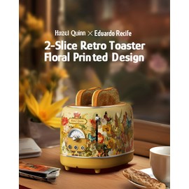 Hazel Quinn X Eduardo Recife Collaboration 2-Slice Retro Toaster, 6 Browning Levels, 3 Functions-Defrost/Reheat/Cancel, Removable Crumb Tray for Easy to Clean, 1.5 Inches Extra Wide Slots