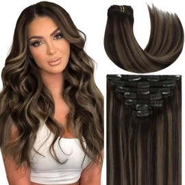 Caliee 22Inch Hair Extensions Real Human Hair 140G Clip on Hair Extensions Soft Stright R1B-1B/6A Balayage Natural Black to Light Chestnut Brown 7PCS Clip in Human Hair Extensions for Women