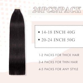 OBHD Tape in Hair Extensions Human Hair, Hair Extensions 18 Inch 20pcs Natural Black Remy Straight Human Hair Tape in Extensions Skin Weft Tape Extensions Human Hair (1B#,18 Inch)