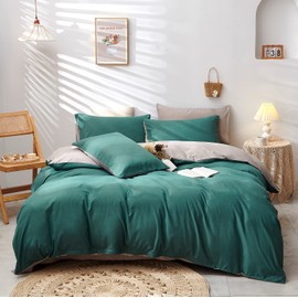 Damier Dark Green Bed Linen 135 x 200 cm Green Beige Reversible Bed Linen Set 2-Piece Super Soft Microfibre Duvet Cover with Concealed Zip and Pillowcase 80 x 80 cm