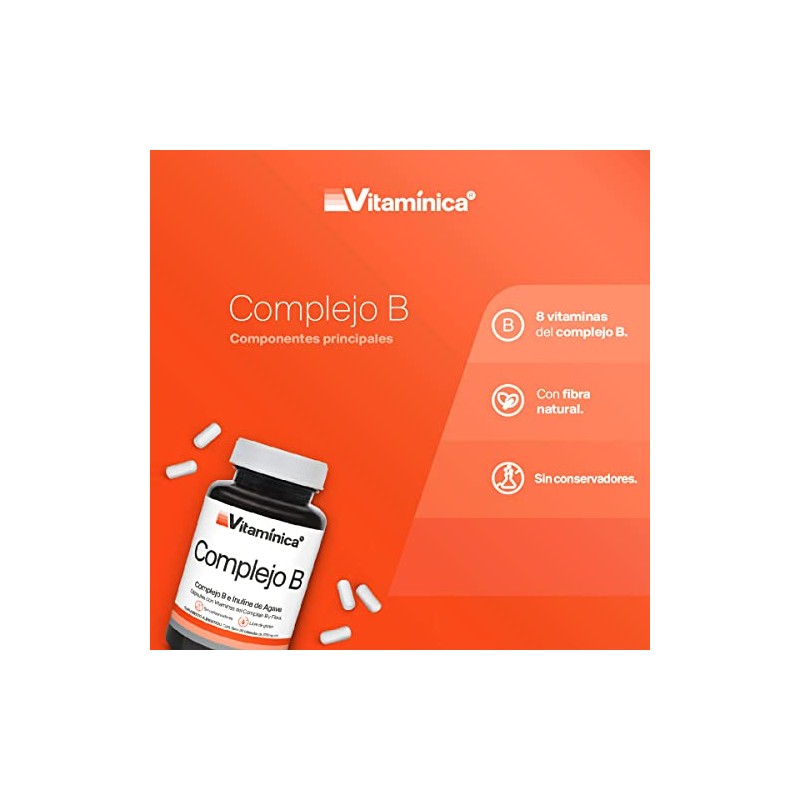 Complejo B completo, Prebioticos, Fibra, 90 cápsulas, Vitaminas B1, B2,