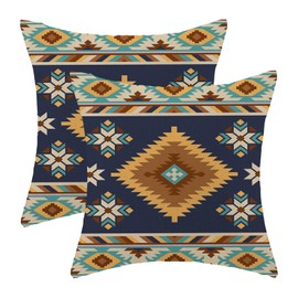 CXMEIFLY Navy Blue Teal Boho Aztec Pillow Covers 18 x 18 Inch Set of 2 Western Native American Geometry Decor Throw Pillows Southwestern Outdoor Decorative Cushion Cases for Couch Bed Decorations