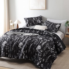 JANZAA Quilts Queen Size Bed Spread Botanical 3 Pieces Quilts Queen Size Sets with Floral Pattern Lightweight Microfiber Bedding Reversible 1 Quilt and 2 Pillow Cases-Black