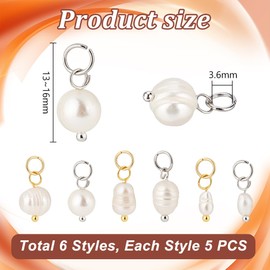 PH PandaHall 30 Pieces 3 Sizes Natural Pearl Pendant Charm, Pearl Pendant, Pearl Beads with Golden/Stainless Steel Loop, Jewellery Connector for Making DIY Earrings, Glass, Pearl