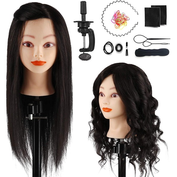 Mannequin Head with 100% Human Hair, TopDirect 18" Black Real Hair Cosmetology Mannequin Head Hair Styling Hairdressing Practice Training Doll Heads with Clamp Holder and Tools