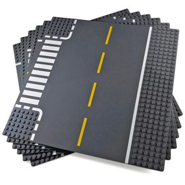 Apostrophe Games Road Baseplate – Premium Building Blocks Base Plates Compatible with All Major Brands – 6pcs Baseplate Gray with Road Design – Straight, Curve, Crossroad, T-Junction