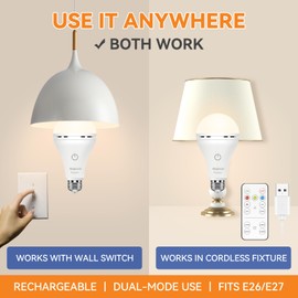 MagixPro Remote Rechargeable Light Bulbs, USB & Socket Charging, 1800mAh Battery, Dimmable LED Bulb for Hardwired & Non-Wired Lamps Sconces, Touch + Remote Control, Wall Switch Compatible, 2 Pack