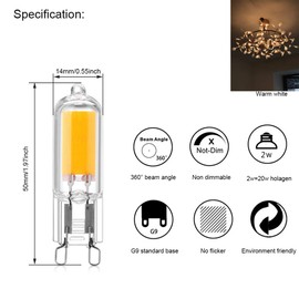 LED G9 2 W LED COB Bulb 250 LM, AC220-240 V, Warm White 3000 K, Energy Saving Bulb CRI80, Full Glass, Equivalent 25 W Halogen Bulb, 360° Beam Angle, 10 Packs