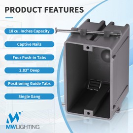 50 PK 1-Gang PVC New Work Electrical Nail Outlet Box, 18 Cubic Inch Switch Box, ETL Listed to UL514C and UL263, 2 Hour Fire Rating New Work Box, Gray