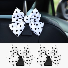 Couslcd 2PCS Car Seat Hooks, Cute Bow Car Seat Headrest Hooks for Purses, Bags, Umbrella, Universal Automotive Interior Decoration Accessoriesl for Vehicle, SUV, Sedan, Truck (White Spot)