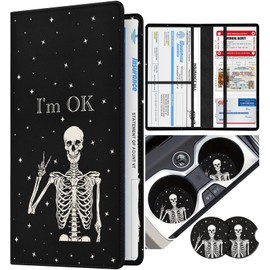 Slohif Car Registration and Insurance Holder - Skeleton Vehicle Glove Box Organizer Women with Magnetic Shut Leather Automobile License Holders Coasters Auto Accessories Case for Document