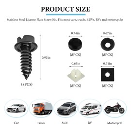 JUSTTOP 8 PCS License Plate Screw Kit, Stainless Steel Anti-Theft Car License Plate Screw Bolt Kit, Rustproof Self Mounting Fasteners for Front and Rear License Plate Frame (Black)