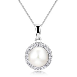 Materia Women's Necklace Pendant Pearl White with Zirconia 925 Sterling Silver Choice of Rhodium-Plated Chain, Real pearl with cubic zirconia Rhodium-plated, tarnish protection, Pearl