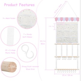 Organizador de lazo para niñas, soporte para la diadema con 9 bolsillos de malla, organizador de clips para el pelo, accesorios para el cabello de pared para niños pequeños y niñas (32 x 15