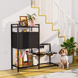 Elevated Dog Bowls Raised Dog Bowl for Large with Toy Basket Adjusable Height with 2 Stainless Steel Bowls for Large Dogs Food Container (Black)