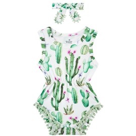 UNICOMIDEA Baby Girls Rompers Aloe Cactus Graphic One Piece Bodysuit Infant Boys Clothes Summer Sleeveless Pompom Outfits with Headband 2Pcs Playsuit for 3-6 Months