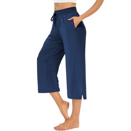 AURUZA Women's Capri Pants-Loose Fit, High-Waisted, Wide Leg Lounge Trousers Palazzo with Pockets，for Yoga and Casual Navy Blue