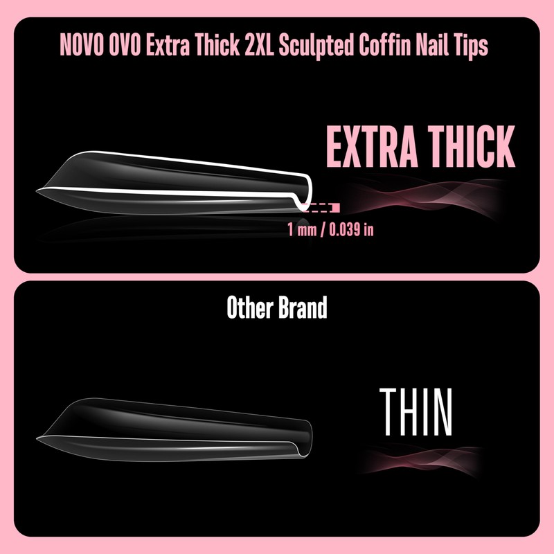 NOVO OVO Sculpted XXL Coffin Nail Tip for Curved Nails,