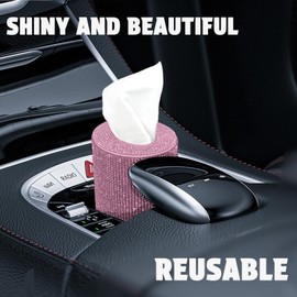 Bling Car Tissue Holder for Cup Holder – Sparkly Rhinestone Round Tissue Dispenser with 3-Ply Tissues – Fits Standard Auto Cup Holders – Stylish Car Interior Accessory for Women (Pink)
