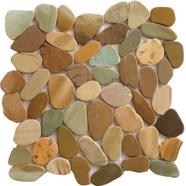 Interlocking Pebble Floor Tiles (5-Sheets) Kitchen, Bathroom, and Patio Flooring | Indoor and Outdoor Use | Natural Auburn Golden Green Stones | Quick and Easy Grout Installation