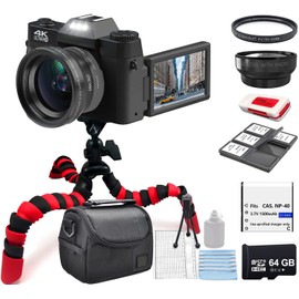 Acuvar 4K 56MP Digital Camera Kit for Photography, Vlogging Camera for YouTube with Flip Screen, WiFi, Wide Angle & Macro Lens, 64GB Micro SD Card, 12" Flexible Tripod, Carrying Case, Card Reader